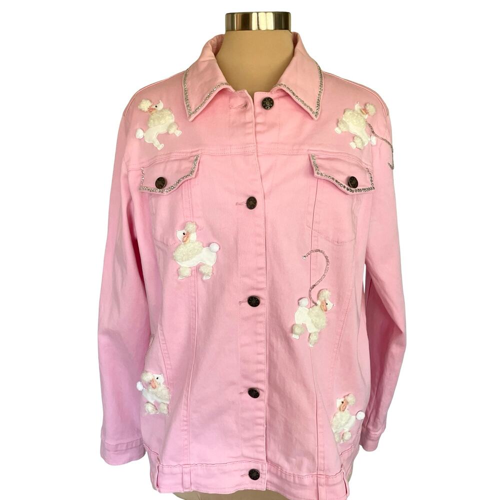 Quacker Factory Pink Denim White Poodle Jacket Sz L Retro Novelty 50's (flaw)